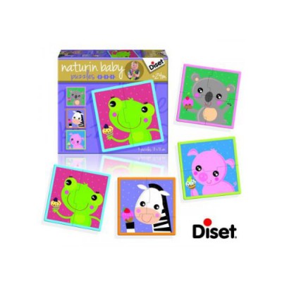 Diset-69956 4 Puzzles Naturin Baby : Grenouille, Zèbre, Cochon et Ourson