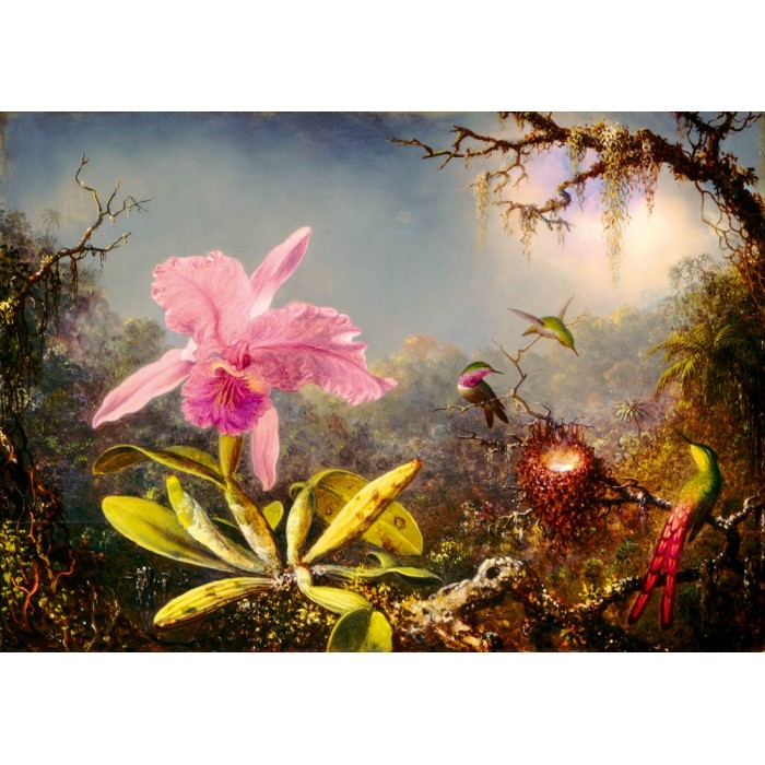 Puzzle   Martin Johnson Heade - Cattleya Orchid and Three Hummingbirds, 1871