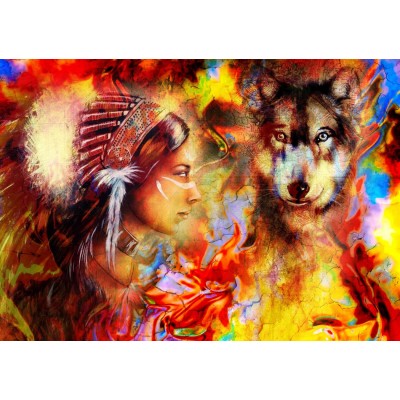 Puzzle Grafika-T-00686 La Femme Indienne et le Loup