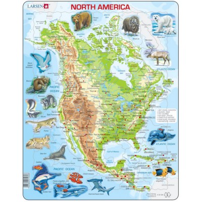 Larsen-A32-GB Puzzle Cadre - Carte de l'Amérique du Nord et ses Animaux (en Anglais)