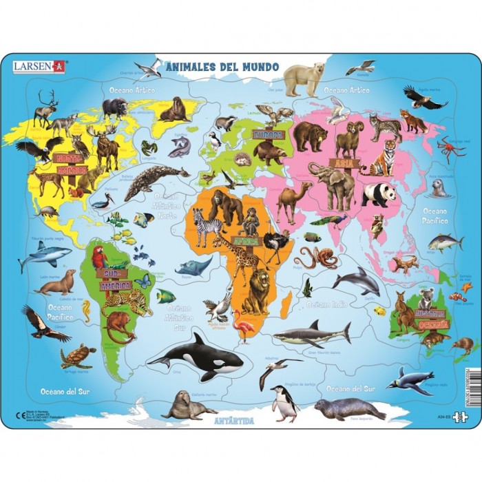 Larsen-A34-ES Puzzle Cadre - Animaux du Monde (Espagnol)
