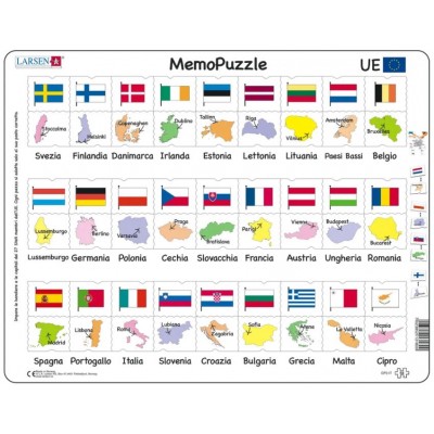 Larsen-GP2-IT Puzzle Cadre - MemoPuzzle - Noms, Drapeaux et Capitales des 27 Pays Membres de l'UE (Italien)