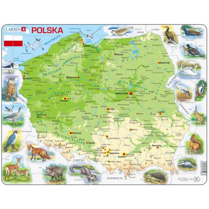  Larsen-K98-PL Puzzle Cadre - Carte de la Pologne et ses Animaux (en Polonais)