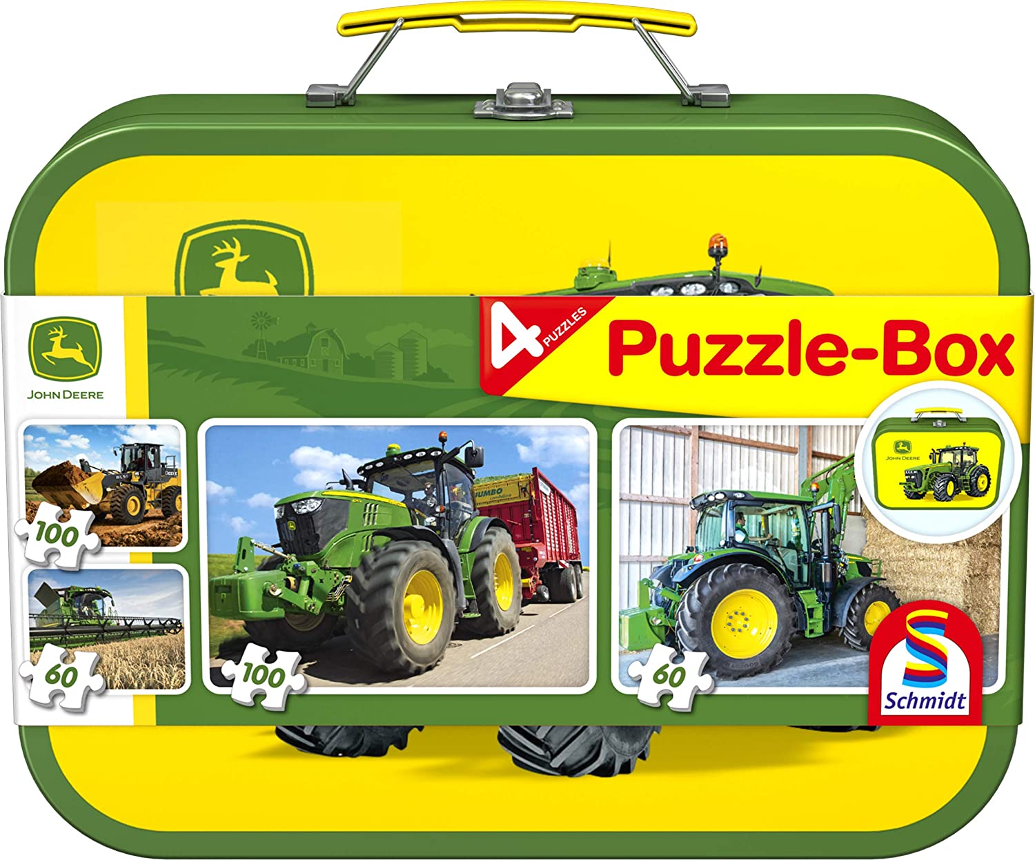 John Deere, Tracteur, 4 Puzzles pour Enfants dans une Boîte en